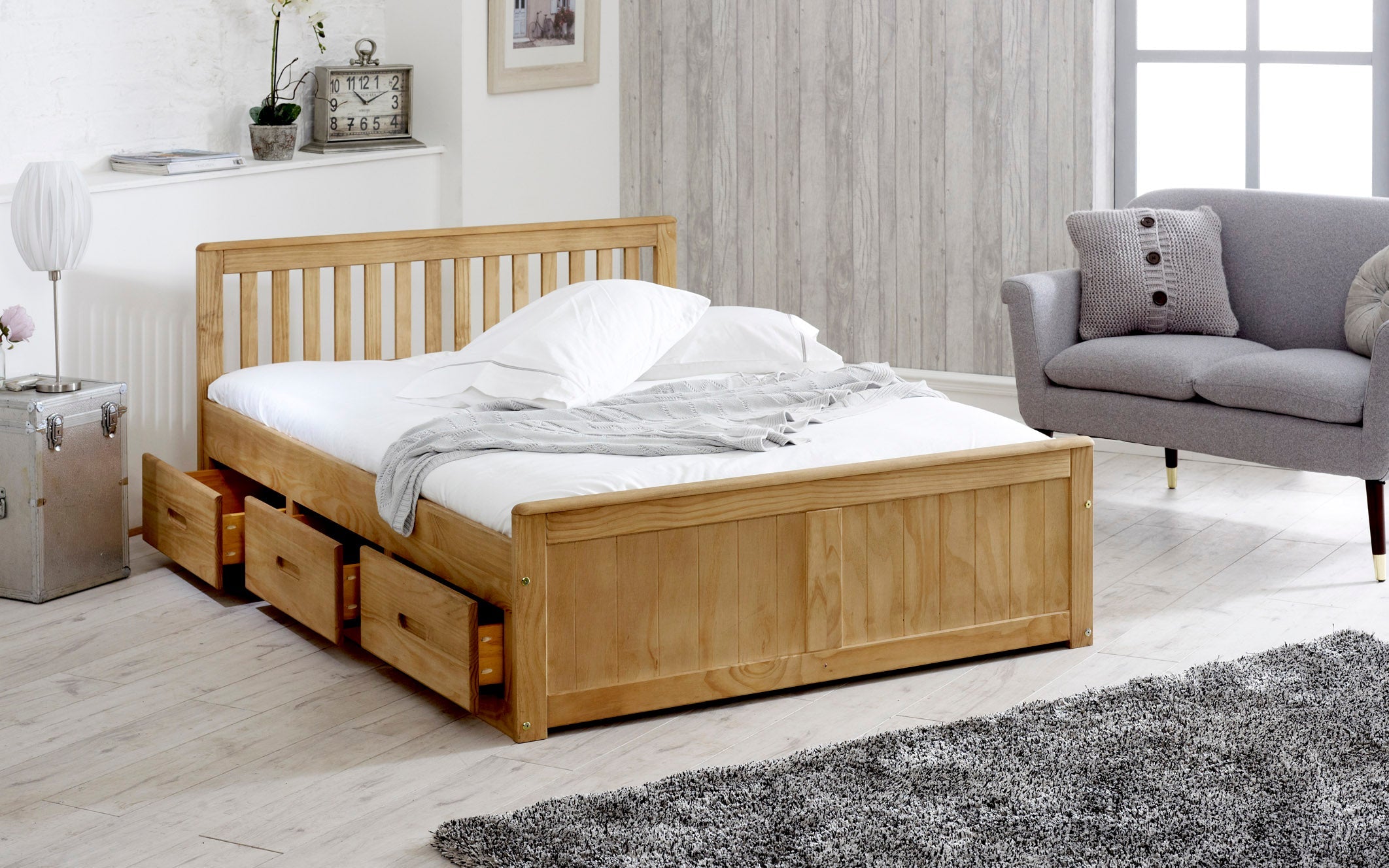 Mission Waxed Pine Wooden Storage Bed Frame - 3ft Single, 4ft Small Double and 4ft6 Double