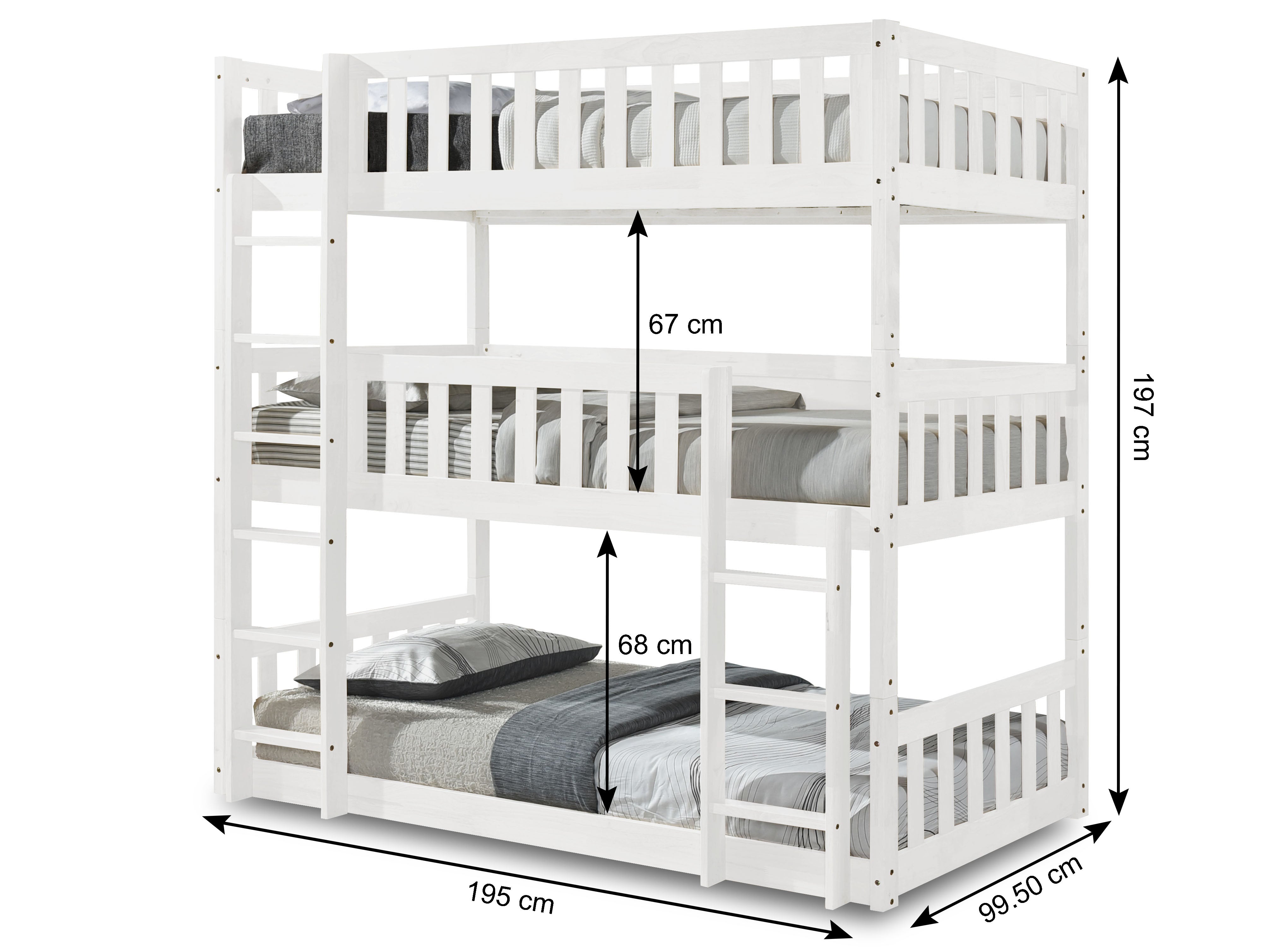 Lydia Triple Bunk Bed With Ladder in WHITE, Wooden High Sleeper Kids Bunk Bed, Solid Rubberwood Bed Frame, Children's Bedroom Furniture, With or Without Mattresses